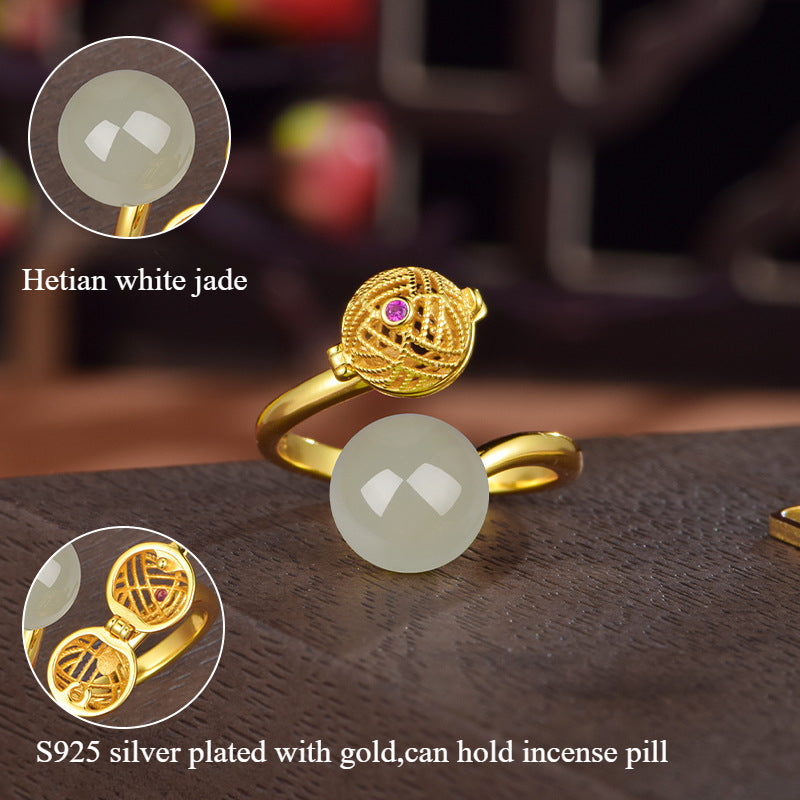 S925 silver-plated gold-plated natural Hetian jade filigree open sachet ring with incense pill