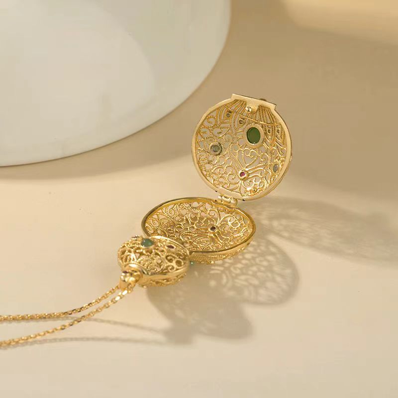 S925 silver-plated gold inlaid with natural Hetian jade "filigree gourd" enamel hollow sachet pendant necklace with herbal incense pill