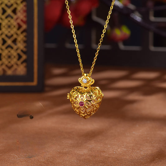 S925 silver gold-plated natural Hetian jade love heart silk hollow sachet pendant necklace with incense pills