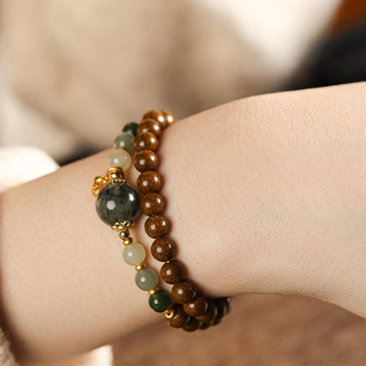 (Career and fortune) Ancient Chinese herbal medicine Hexiang incense beads green rutilated quartz crystal Hetian jade healing bracelet