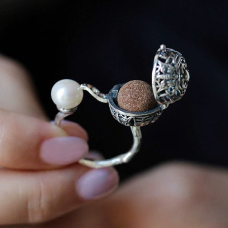 S925 silver pearl hollow sachet ball ring with diffuser herbal incense pills can open the ring