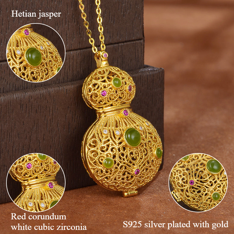 S925 silver-plated gold inlaid with natural Hetian jade "filigree gourd" enamel hollow sachet pendant necklace with herbal incense pill