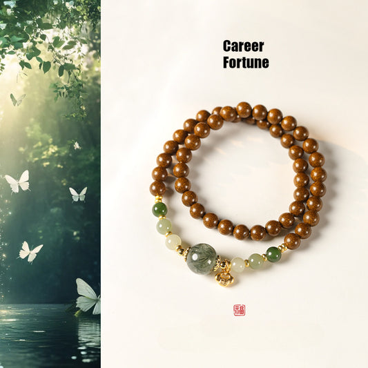 (Career and fortune) Ancient Chinese herbal medicine Hexiang incense beads green rutilated quartz crystal Hetian jade healing bracelet