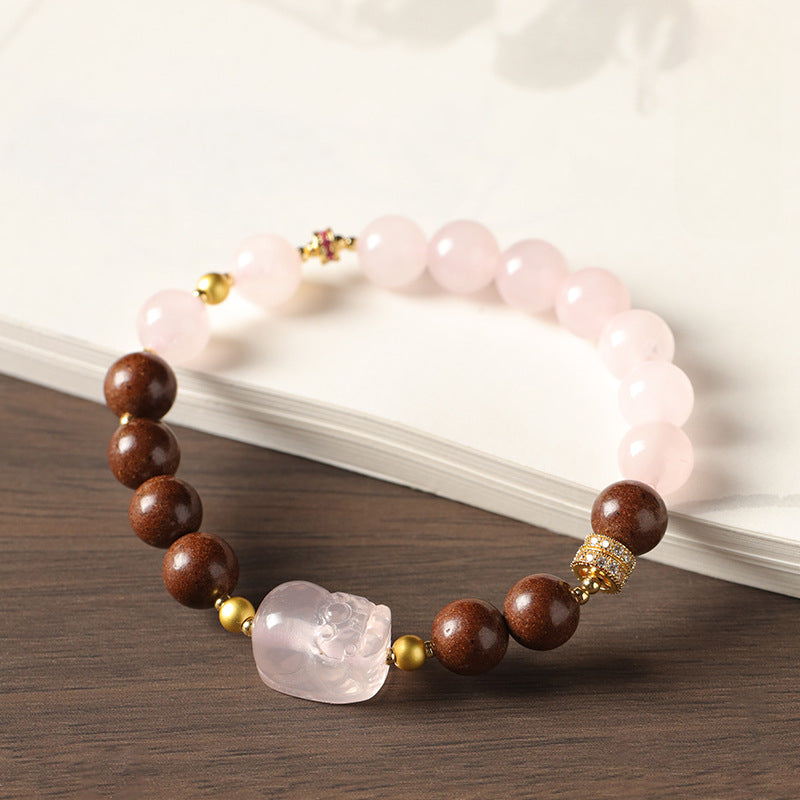 (Love and wealth) Rose quartz Pink Crystal Pixiu Chinese Herbal Medicine Hexiang Beads Healing Bracelet