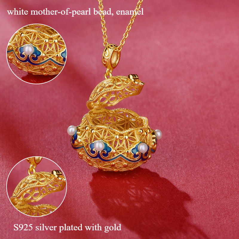 S925 silver-plated gold, white bead enamel filigree sachet pendant necklace with herbal incense pill