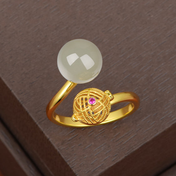 S925 silver-plated gold-plated natural Hetian jade filigree open sachet ring with incense pill