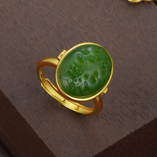 S925 silver-plated gold Hetian jasper hollowed-out sachet ring with herbal incense pills symbolizes wealth