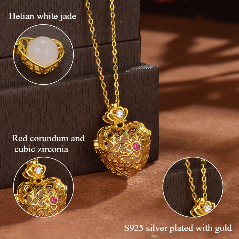 S925 silver gold-plated natural Hetian jade love heart silk hollow sachet pendant necklace with incense pills