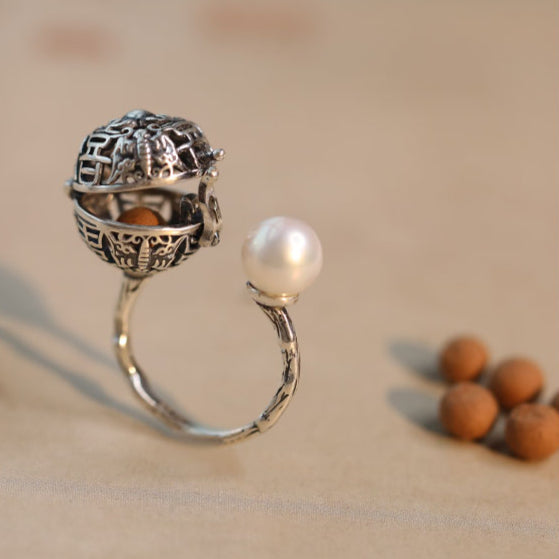 S925 silver pearl hollow sachet ball ring with diffuser herbal incense pills can open the ring