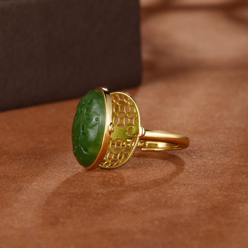 S925 silver-plated gold Hetian jasper hollowed-out sachet ring with herbal incense pills symbolizes wealth