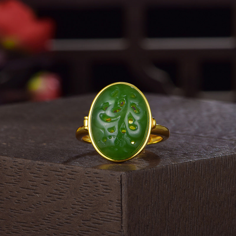 S925 silver-plated gold Hetian jasper hollowed-out sachet ring with herbal incense pills symbolizes wealth