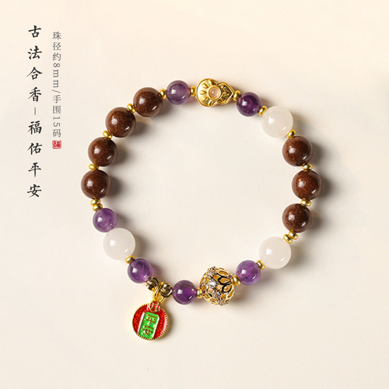 (Blessing and Safety) Handmade Chinese Herbal Medicine Hexiang Incense Bead Amethyst Healing Crystal Bracelet