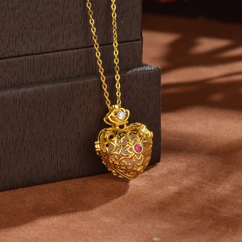 S925 silver gold-plated natural Hetian jade love heart silk hollow sachet pendant necklace with incense pills