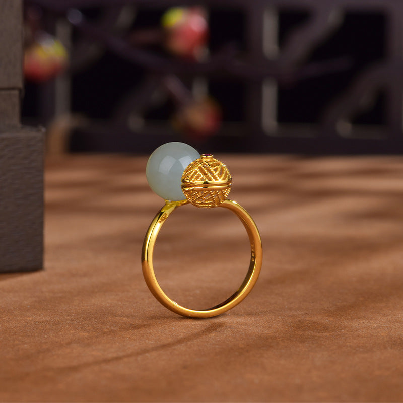 S925 silver-plated gold-plated natural Hetian jade filigree open sachet ring with incense pill