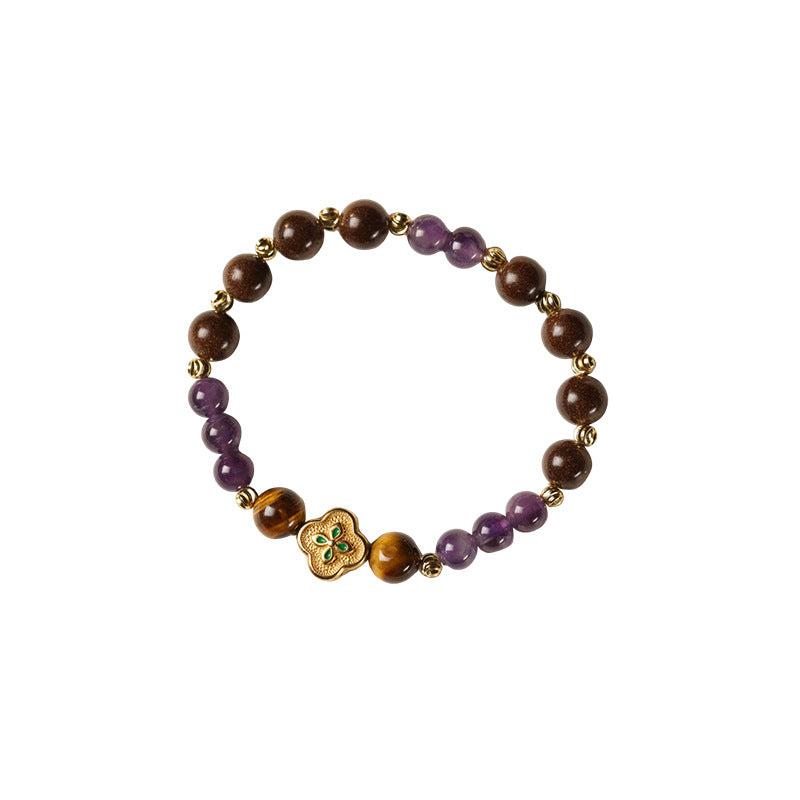 Four-leaf clover amethyst tiger's eye stone Chinese herbal medicine Hexiang beads healing bracelet.