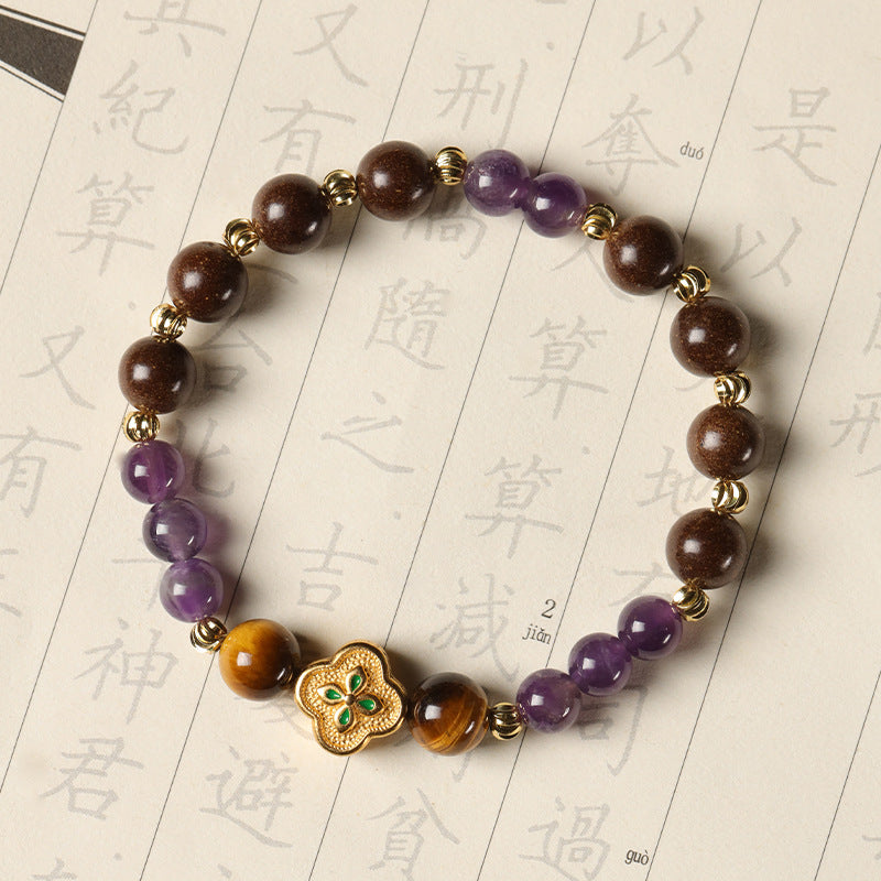 Four-leaf clover amethyst tiger's eye stone Chinese herbal medicine Hexiang beads healing bracelet.