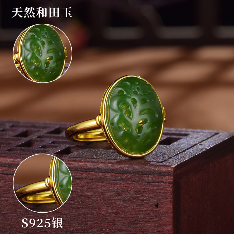 S925 silver-plated gold Hetian jasper hollowed-out sachet ring with herbal incense pills symbolizes wealth
