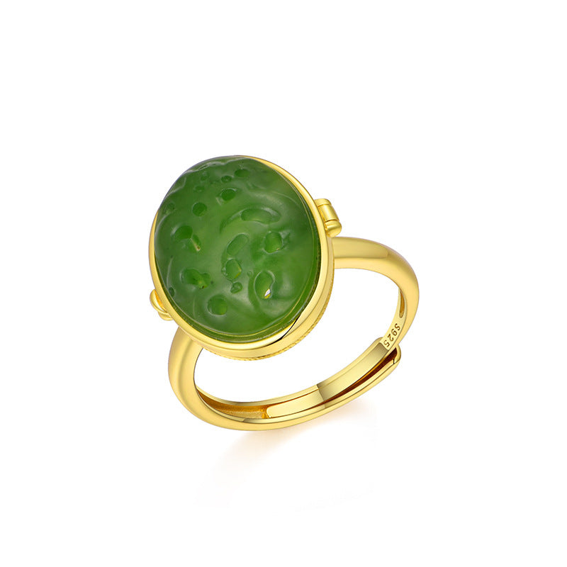 S925 silver-plated gold Hetian jasper hollowed-out sachet ring with herbal incense pills symbolizes wealth