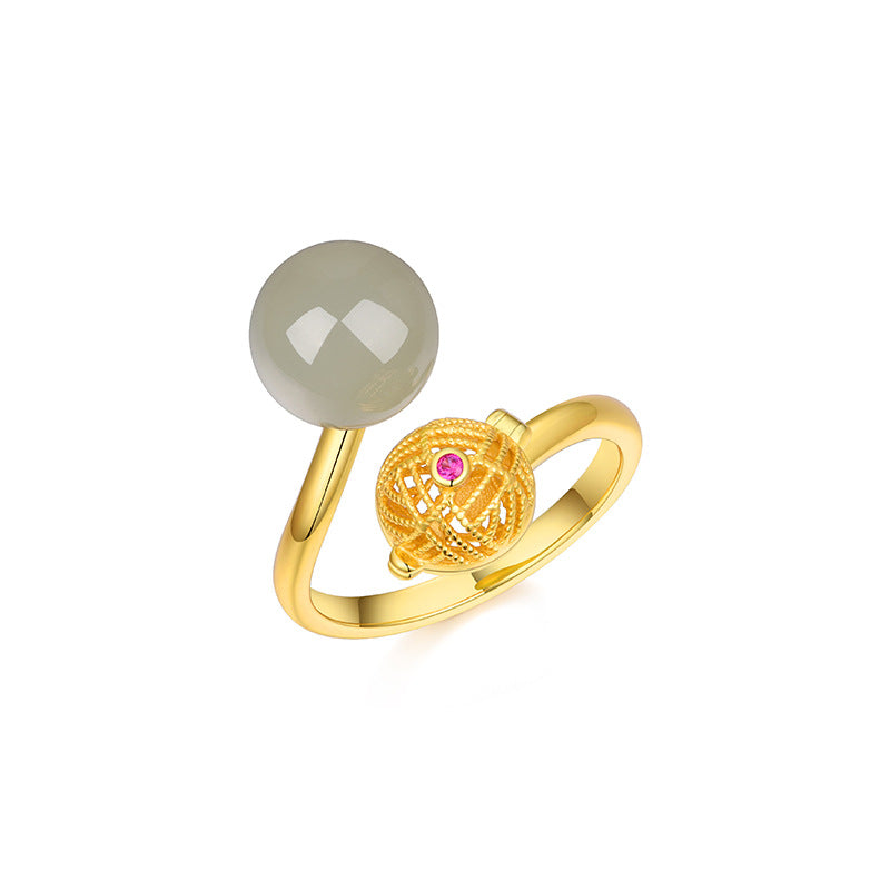 S925 silver-plated gold-plated natural Hetian jade filigree open sachet ring with incense pill