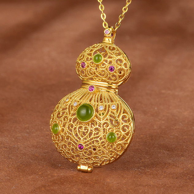 S925 silver-plated gold inlaid with natural Hetian jade "filigree gourd" enamel hollow sachet pendant necklace with herbal incense pill