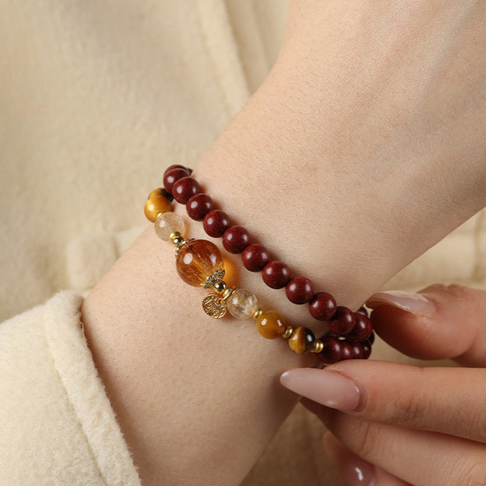 (Wealth and emotion) Citrine Tiger's Eye Stone Five Elements Red Chinese Herbal Medicine Hexiang Beads Feng Shui Healing Bracelet