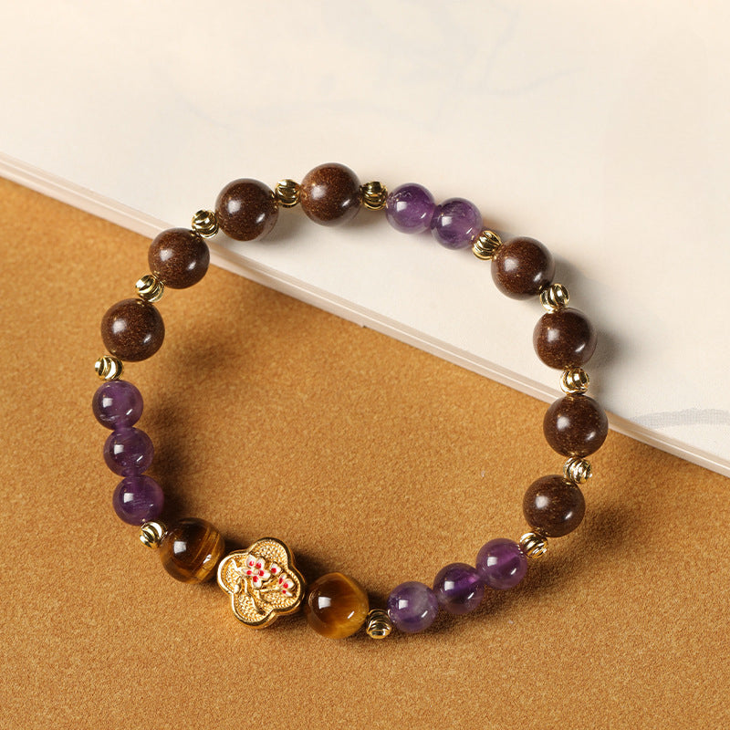 Four-leaf clover amethyst tiger's eye stone Chinese herbal medicine Hexiang beads healing bracelet.