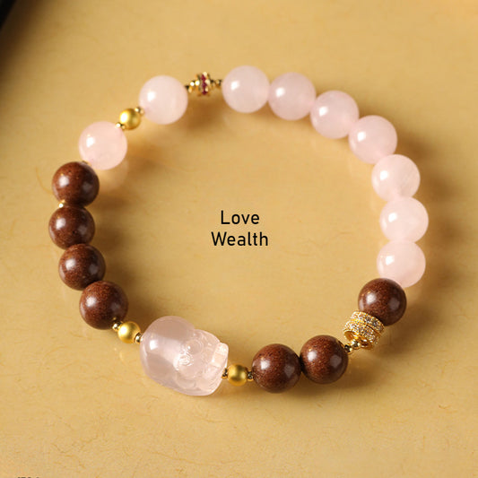 (Love and wealth) Rose quartz Pink Crystal Pixiu Chinese Herbal Medicine Hexiang Beads Healing Bracelet