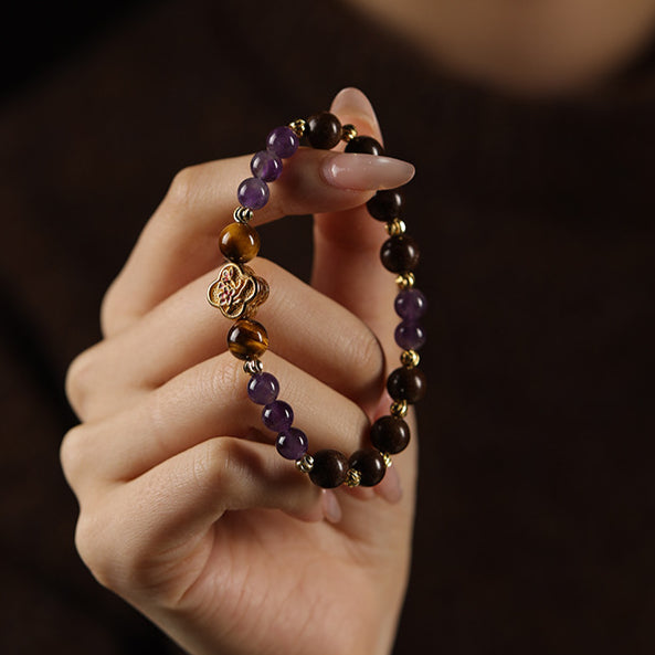 Four-leaf clover amethyst tiger's eye stone Chinese herbal medicine Hexiang beads healing bracelet.