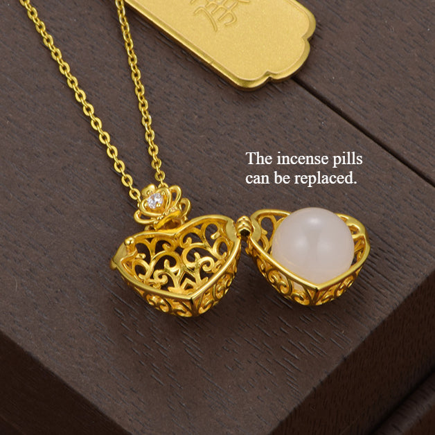 S925 silver gold-plated natural Hetian jade love heart silk hollow sachet pendant necklace with incense pills