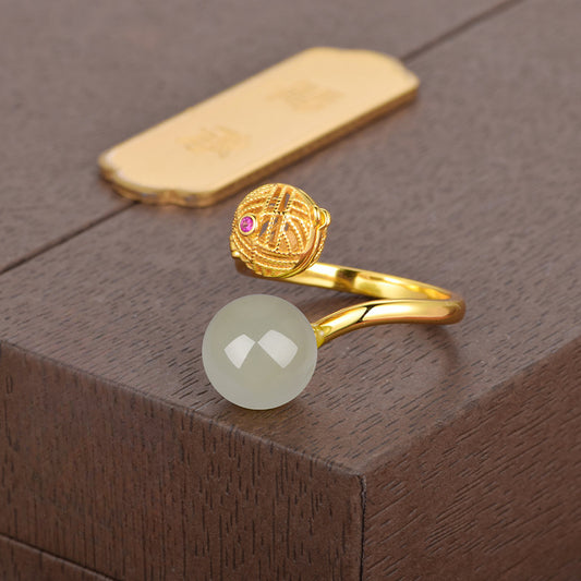 S925 silver-plated gold-plated natural Hetian jade filigree open sachet ring with incense pill