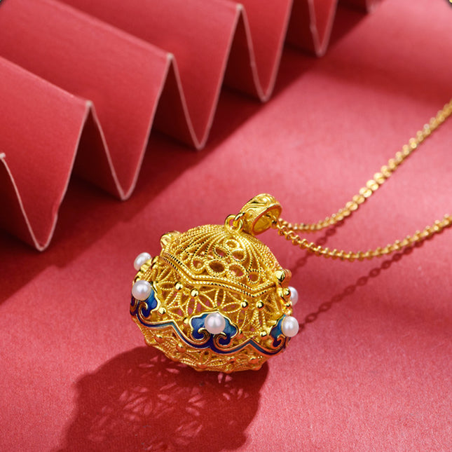 S925 silver-plated gold, white bead enamel filigree sachet pendant necklace with herbal incense pill