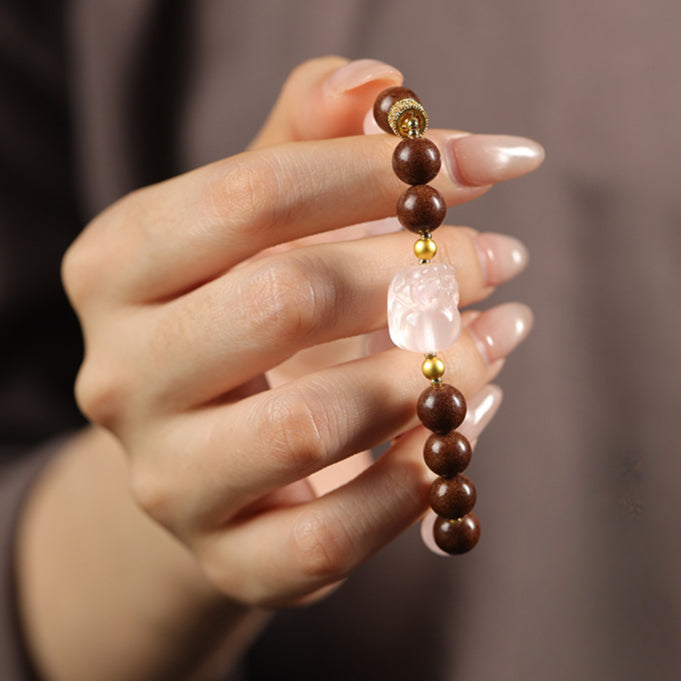 (Love and wealth) Rose quartz Pink Crystal Pixiu Chinese Herbal Medicine Hexiang Beads Healing Bracelet
