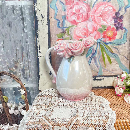 Vintage Handmade Pearl Glaze Romantic Pink Rose Blossom Vase Water Pitcher