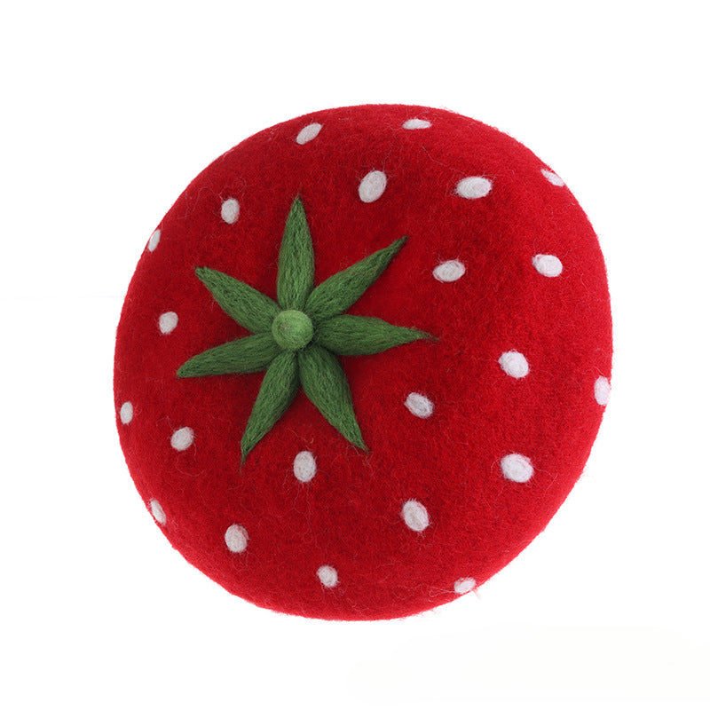 Red strawberry handmade wool felt beret cute fruit hat