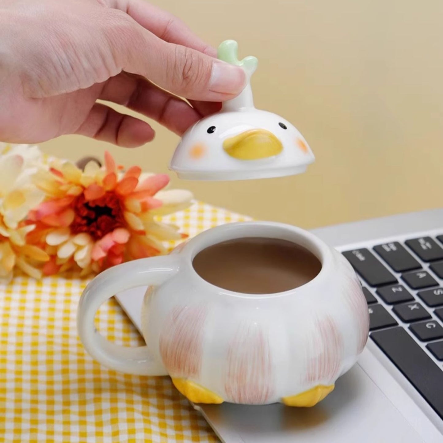 Handmade ceramic garlic duck mug with lid cute creative cup gift