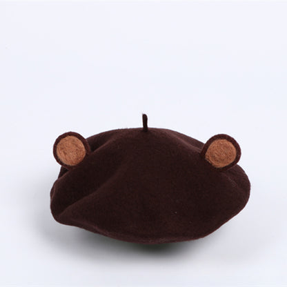 Parent-child handmade wool felt cute bear ears beret little brown bear hat