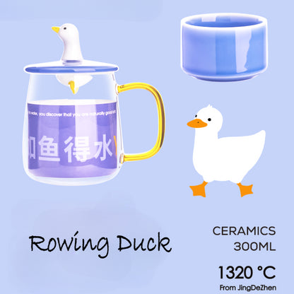 Paddling / drinking duck glass cup with ceramic lid mug couple tea cup gift