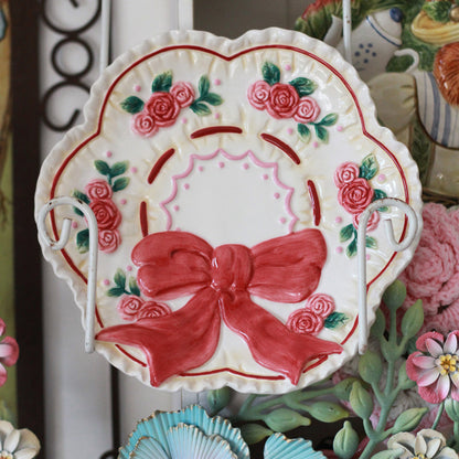 Vintage handmade lovely rose bow ceramic plate flat dessert plate dish