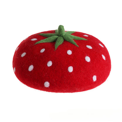 Red strawberry handmade wool felt beret cute fruit hat