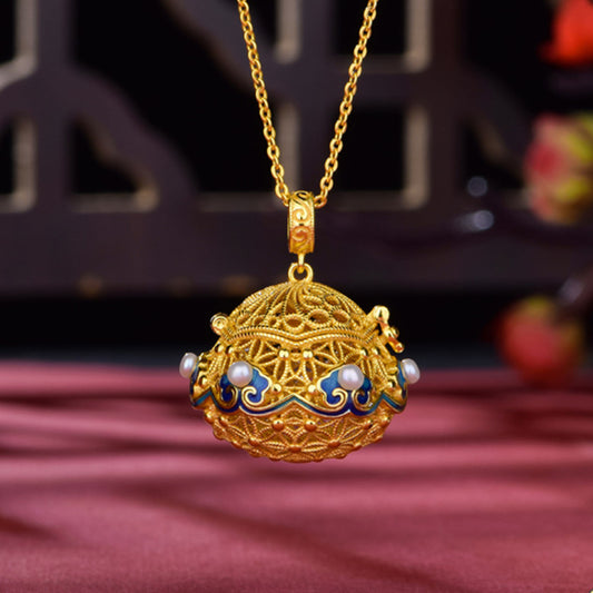 S925 silver-plated gold, white bead enamel filigree sachet pendant necklace with herbal incense pill