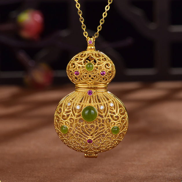 S925 silver-plated gold inlaid with natural Hetian jade "filigree gourd" enamel hollow sachet pendant necklace with herbal incense pill