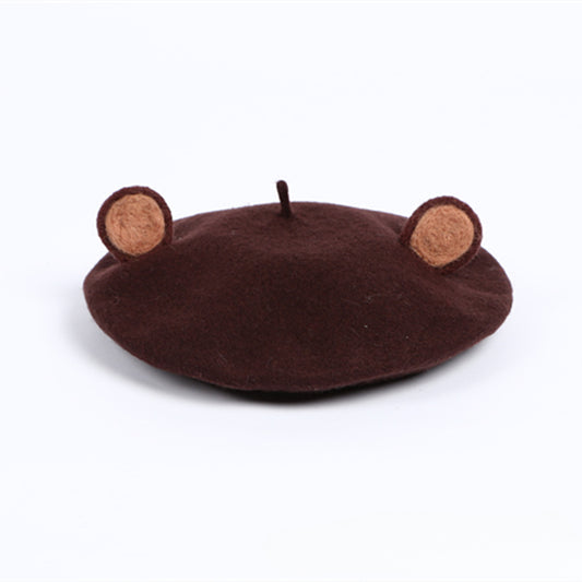 Parent-child handmade wool felt cute bear ears beret little brown bear hat