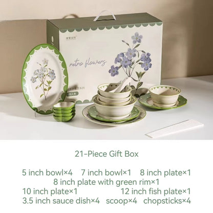 Vintage freesia ceramic dinner bowl dssert plate dinnerware set gift box