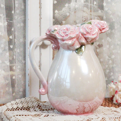 Vintage Handmade Pearl Glaze Romantic Pink Rose Blossom Vase Water Pitcher