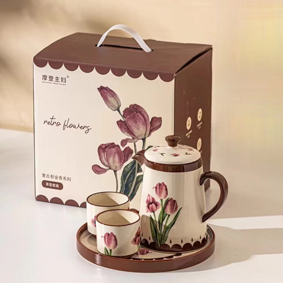 Vintage Tulip Tea Pot Set Afternoon Tea Set Gift Box