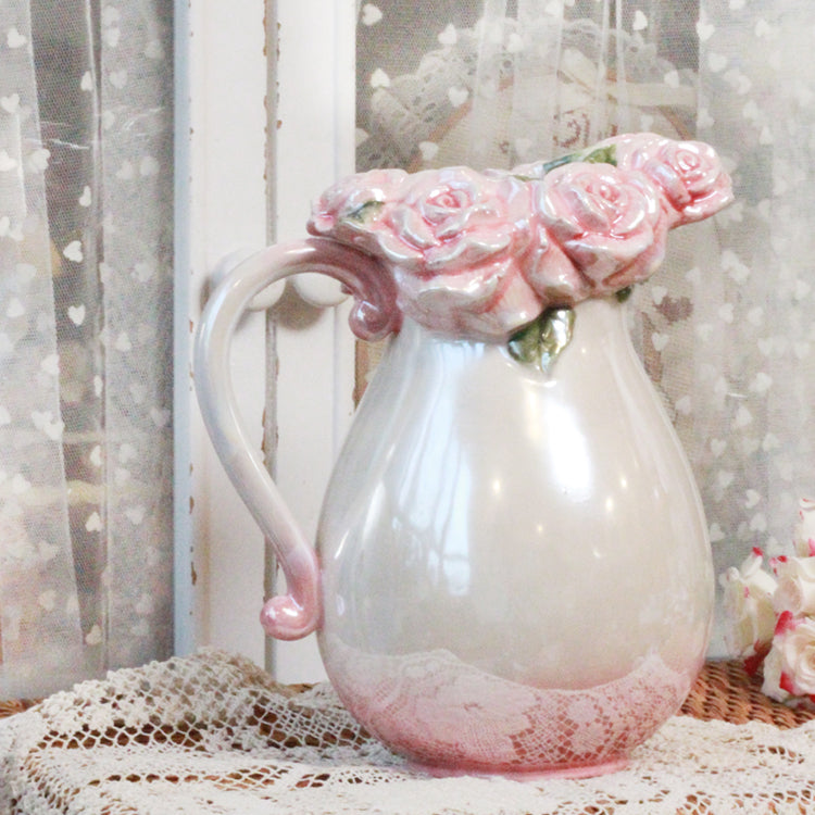 Vintage Handmade Pearl Glaze Romantic Pink Rose Blossom Vase Water Pitcher