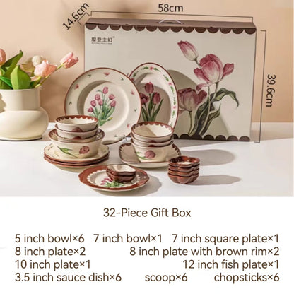 Vintage tulip dinner bowl dessert plate dinnerware set gift box