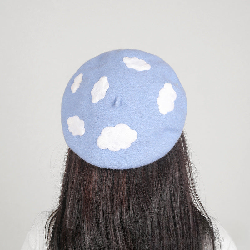 Parent-child handmade wool felt blue sky and white cloud beret