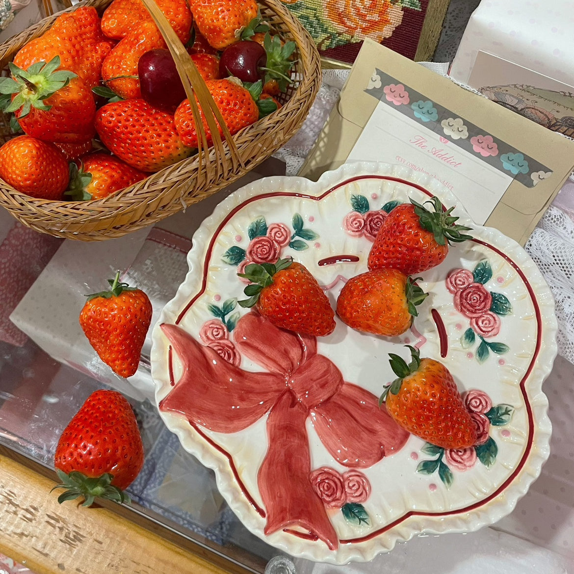 Vintage handmade lovely rose bow ceramic plate flat dessert plate dish