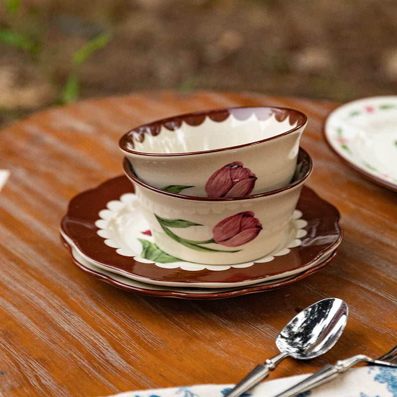 Vintage tulip dinner bowl dessert plate dinnerware set gift box